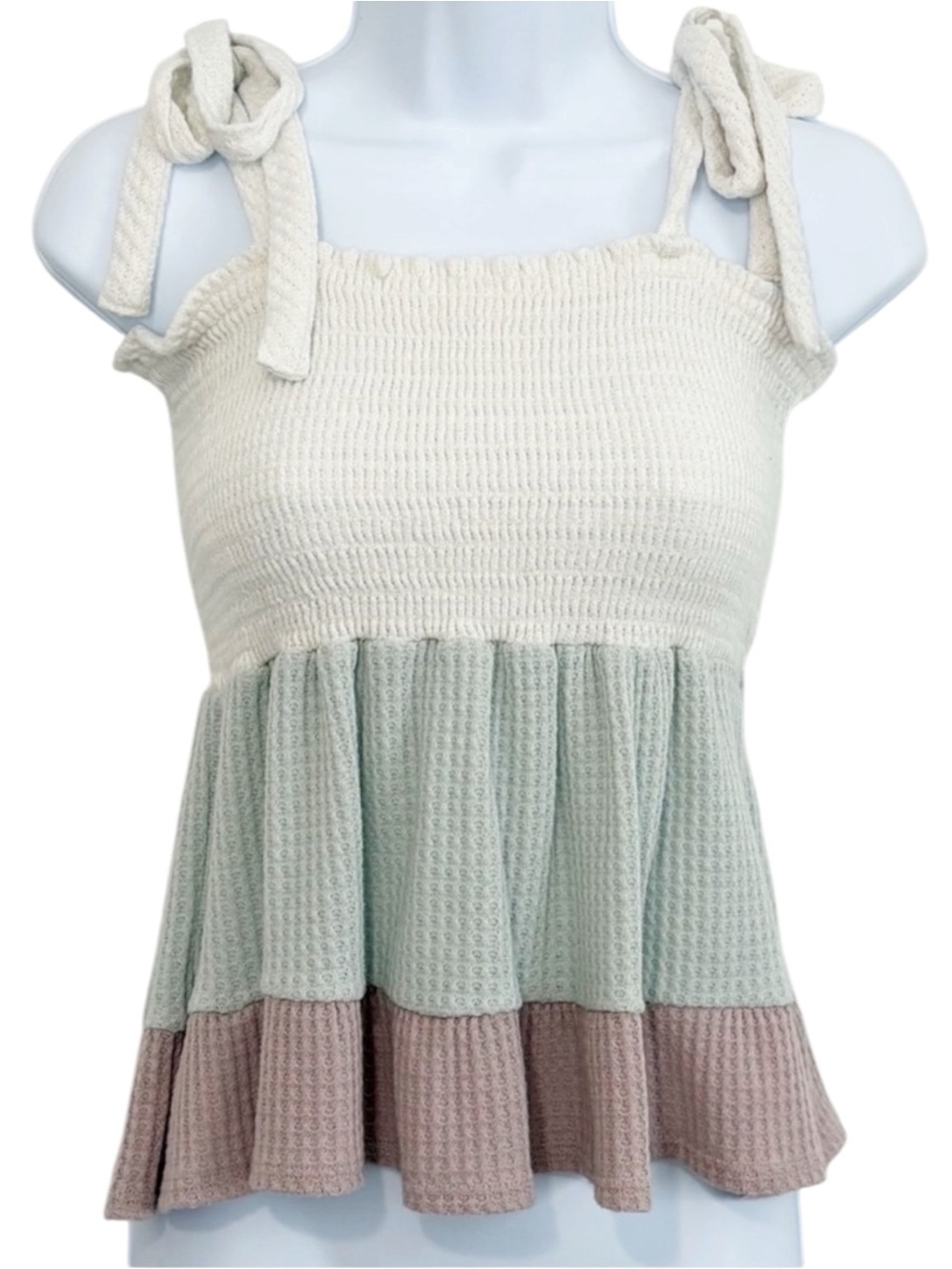 ALTAR’D STATE Smocked Babydoll Waffle Knit Tie Strap Colorblock Tank Medium